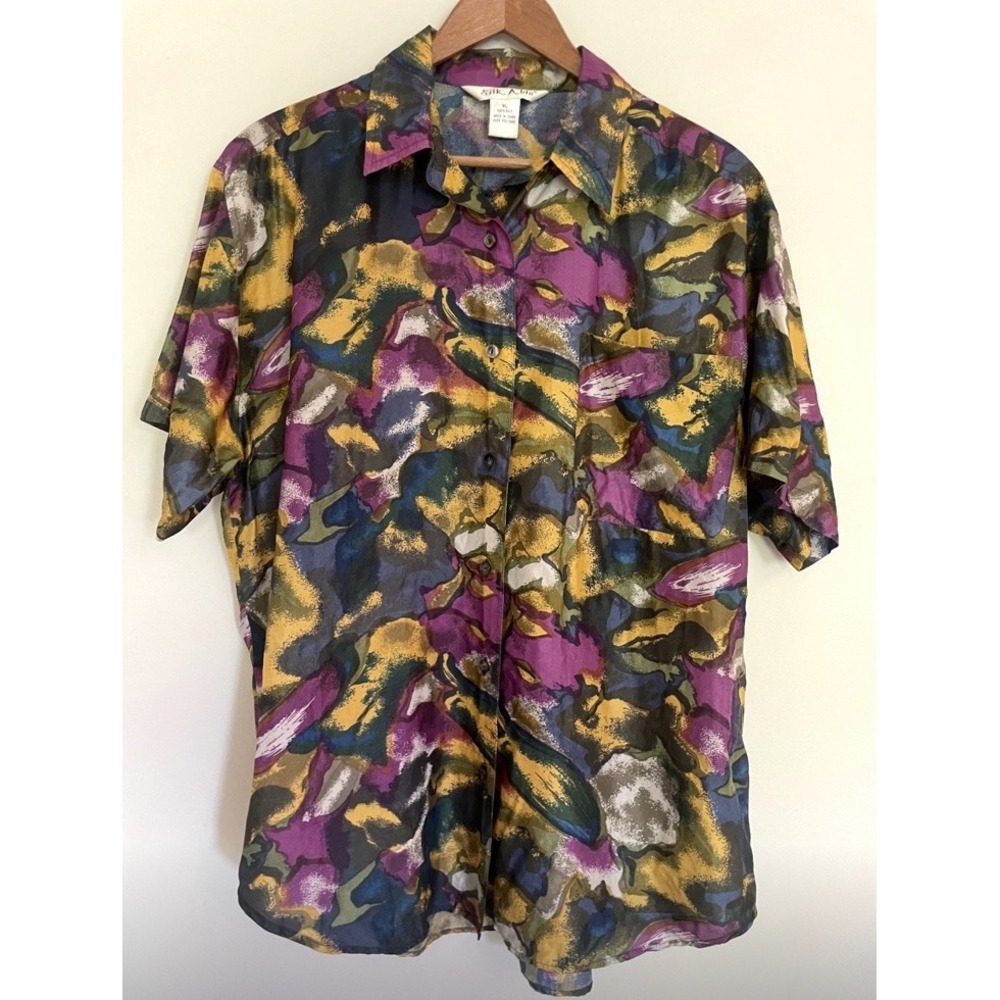Silk Able Vintage 80s 90s Abstract Paint Splash Silk Button Down Size XL